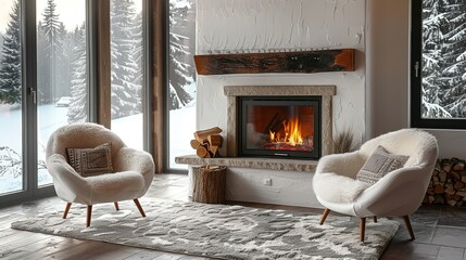 Two chairs near the fireplace. Country, farmhouse home interior design of modern living room.