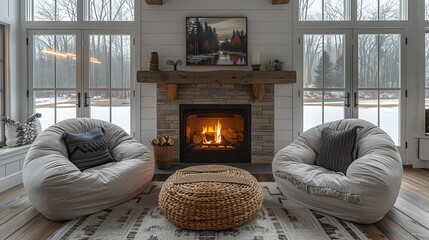 Two chairs near the fireplace. Country, farmhouse home interior design of modern living room.