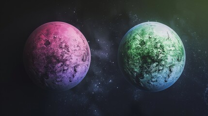 Fototapeta premium A pair of planets showing distinct pink and green environments in a starry space.