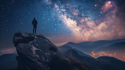 A man standing on mountain peak admiring night sky