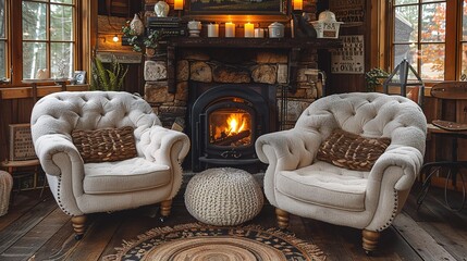 Two chairs near the fireplace. Country, farmhouse home interior design of modern living room.