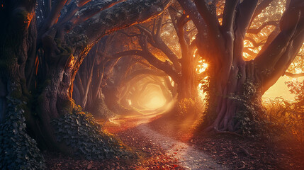 Old trees misty woodland with captivating sunlight rays illuminating the scene
