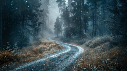 Empty road in dark atmosphere fantasy landscape