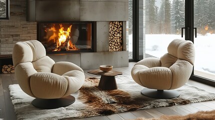 Two chairs near the fireplace. Country, farmhouse home interior design of modern living room.