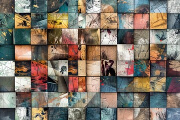 A digital mosaic pattern where overlapping squares contain different textures and images, forming a visual collage