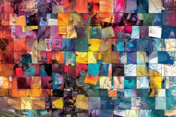 A digital mosaic pattern where overlapping squares contain different textures and images, forming a visual collage