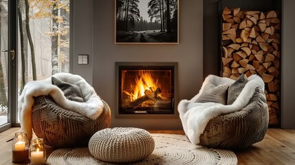 Two chairs near the fireplace. Country, farmhouse home interior design of modern living room.