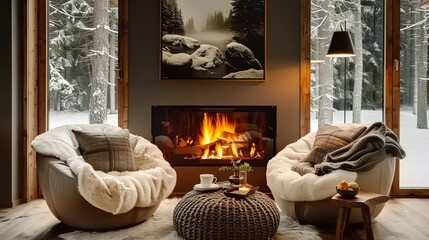 Two chairs near the fireplace. Country, farmhouse home interior design of modern living room.