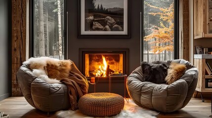 Two chairs near the fireplace. Country, farmhouse home interior design of modern living room.