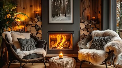 Two chairs near the fireplace. Country, farmhouse home interior design of modern living room.