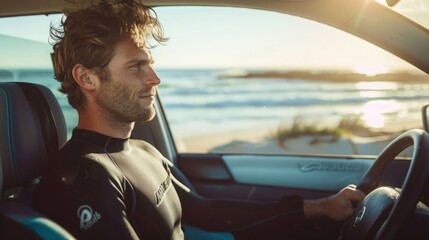 Young male surfer putting on wetsuit in car at the beach - Powered by Adobe