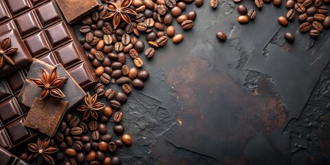 Horizontal top view of different types of chocolates and spices. Copy space. Dark background. .AI...