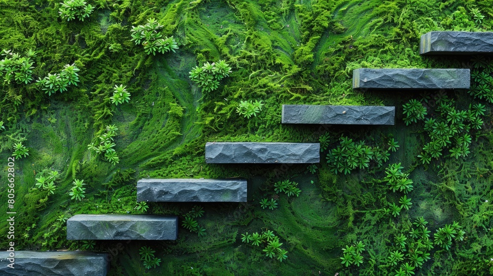 Poster a wall covered in green moss and plants with a series of steps. the steps are made of stone and are 