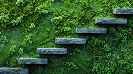 A wall covered in green moss and plants with a series of steps. The steps are made of stone and are arranged in a way that they seem to be leading up to a higher level