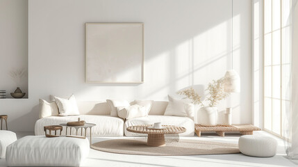 Contemporary minimalist white interior, Scandi Boho style. Generative Ai