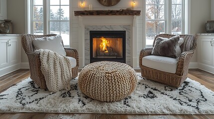 Two chairs near the fireplace. Country, farmhouse home interior design of modern living room.