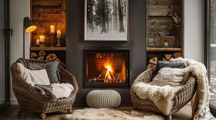 Two chairs near the fireplace. Country, farmhouse home interior design of modern living room.