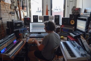 Professional energetic musician recording music while playing keyboard at modern music studio....