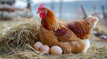 Red hen perched on hay, vigilantly guarding her eggs, a rural farm scene, AI Generative.