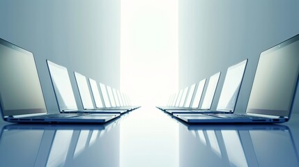 A symmetrical lineup of open laptops extending into a bright, white background.