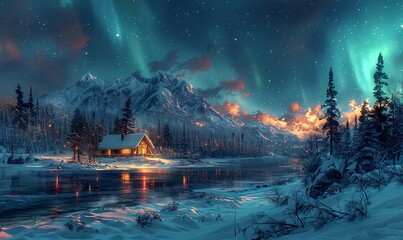 Fototapeta premium Winter camping scene with a snowcovered tent, northern lights above