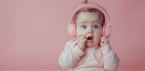 Fototapeta premium Cute surprised baby in headphones listening to music on colored background with space for text, banner design.