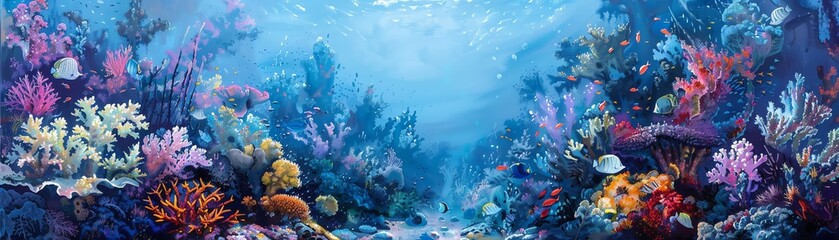 Capture the ethereal beauty of coral reefs in a traditional acrylic painting, using impressionistic brush strokes to convey the colorful underwater world