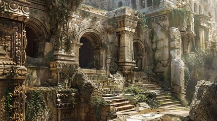 Fototapeta premium Capture the intricate details of ancient ruins in a photorealistic digital rendering, showcasing the weathered textures and unique architectural elements
