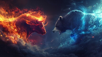 An epic clash between a fiery bull and an icy bear, symbolizing market volatility in a dynamic, abstract style. This digital artwork captures the essence of stock market battles. AI Generative.