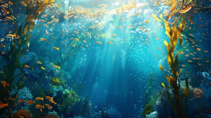 Dive into a mesmerizing underwater world with a wide-angle view, showcasing vibrant, flowing kelp forests and colorful coral reefs, all done in a dreamy, Impressionism art style