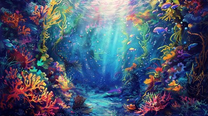 Dive into a mesmerizing underwater world with a wide-angle view, showcasing vibrant, flowing kelp forests and colorful coral reefs, all done in a dreamy, Impressionism art style