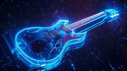 Electric guitar illuminated with blue neon in a dramatic musical composition, AI Generative. - obrazy, fototapety, plakaty