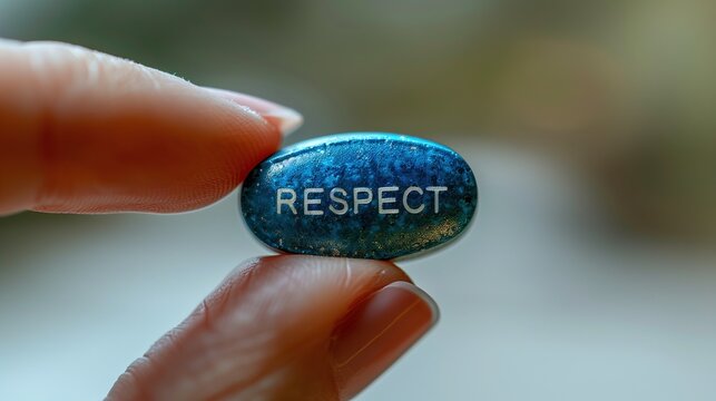 Respect Engraved on Blue Pill Held by Fingers