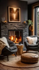 Two chairs near the fireplace. Country, farmhouse home interior design of modern living room.