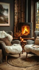 Two chairs near the fireplace. Country, farmhouse home interior design of modern living room.