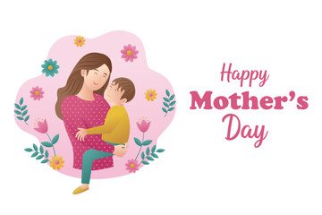 Happy Mother's Day vector illustration of joyous celebration, mother holding baby with flowers