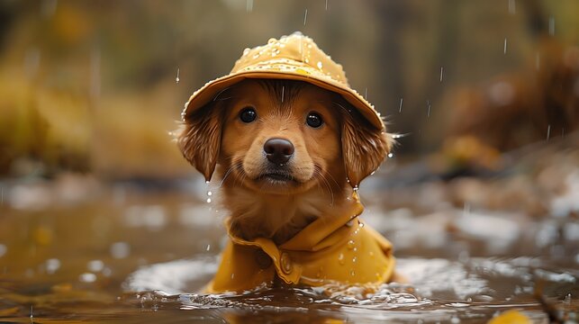 Cute Dog Wearing Yellow Raincoat in Puddle