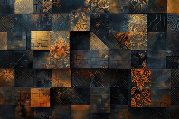 A modern abstract design of interlacing squares, each one containing intricate patterns and textures