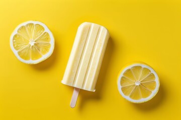 Vanilla yellow popsicle with fresh lemon slices on a yellow background. Flat lay, top view, copy space. Natural homemade lemon icecream. Summer concept for banner, poster, web