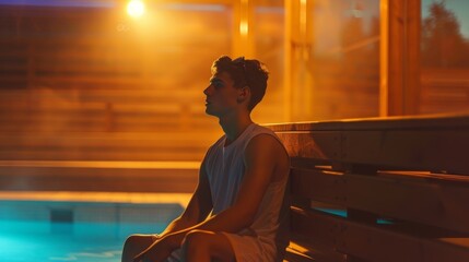 A young tennis player relaxing in the sauna using heat therapy to ease sore muscles and improve flexibility..