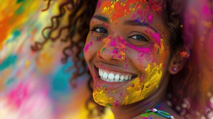 Portrait of Joy and Color african American woman with holi colors on her face and smiling
