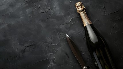 Champagne bottle with golden foil top next to knife on dark textured surface, suggesting celebration