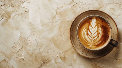Top view of latte with art on textured background - Powered by Adobe