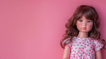 Doll with brown hair in polka-dot dress against pink background