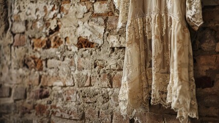 Vintage lace dress hanging on brick wall with peeling plaster