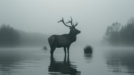 A majestic elk stands in the middle of a misty lake, its antlers silhouetted against the sky