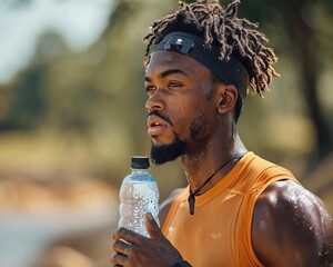 A young male runner is taking a break to drink some water during his run. He is sweating and looks tired, but he is determined to keep going.
