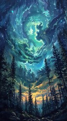 The fantastic landscape with a view of the starry sky, the radiance of the aurora borealis and the silhouettes of coniferous trees against the background of the night forest.