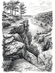 black and white drawing of a rugged cliff overlooking a river