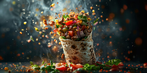 The flying burrito filled with a variety of delicious ingredients and toppings concept